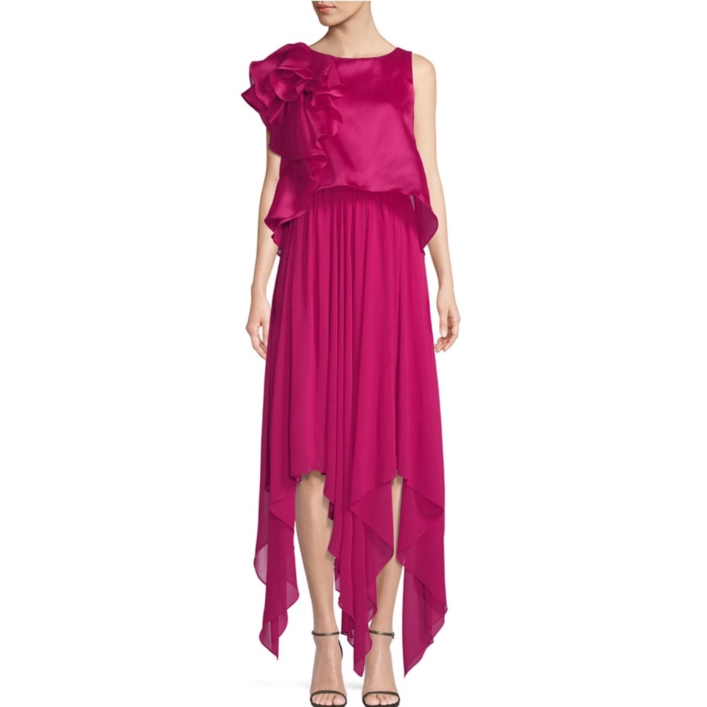 Badgley Mischka georgette asymmetrical gown popover draped shoulder detail dress